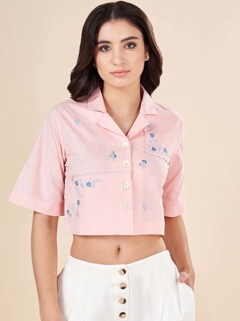 akkriti by pantaloons pink cotton embroidered crop shirt