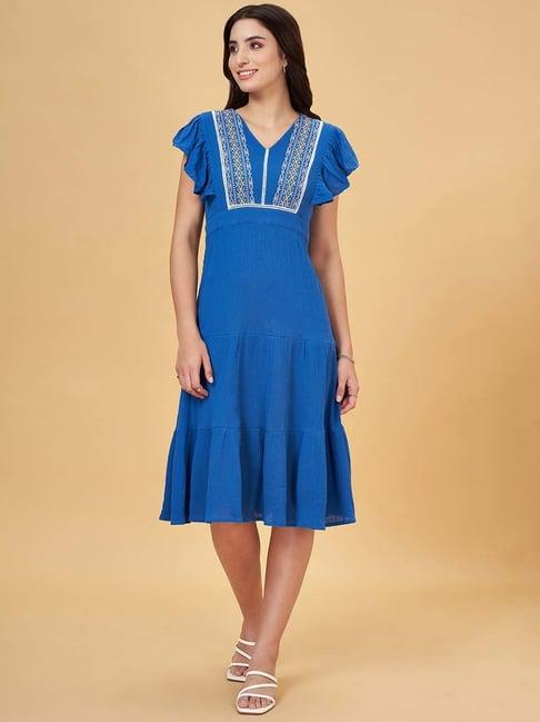 yu by pantaloons blue embroidered a-line dress