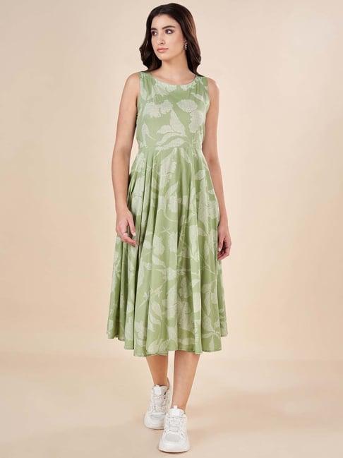 akkriti by pantaloons sage green floral print a-line dress