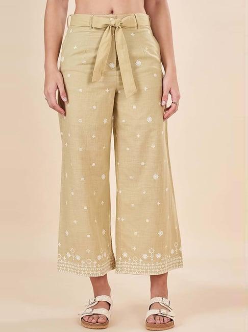 akkriti by pantaloons khaki cotton embroidered flared pants