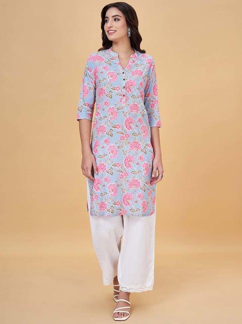 rangmanch by pantaloons powder blue floral print straight kurti