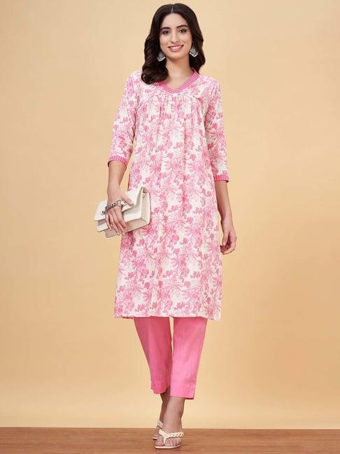 yu by pantaloons white & pink cotton floral print kurta pant set