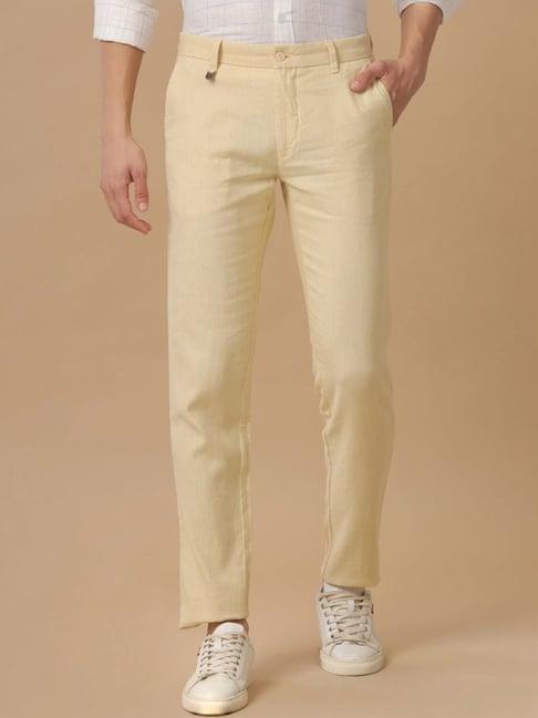 linen club yellow linen slim fit trousers