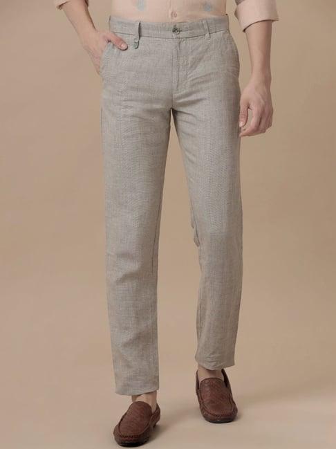 linen club beige linen slim fit texture trousers