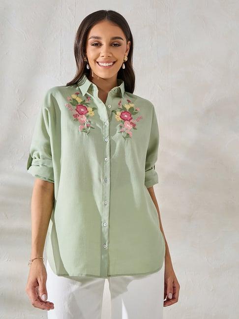 styli sage green embroidered oversized shirt