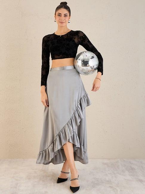 first resort by ramola bachchan grey satin frill long skirt