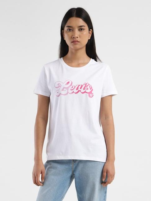 levi's white & pink cotton logo print t-shirt