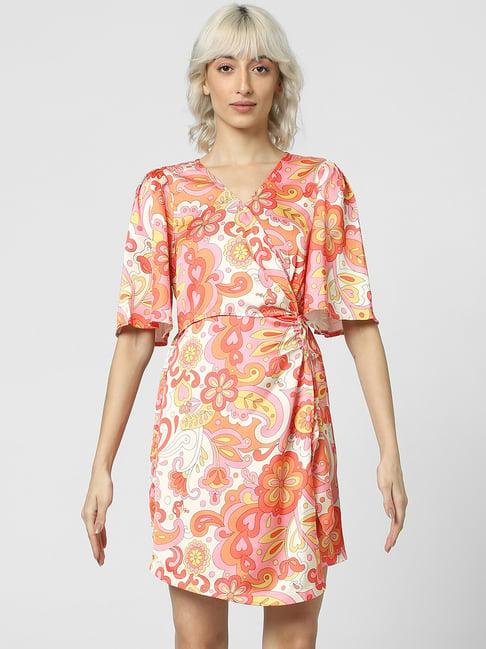 only orange & white printed wrap dress