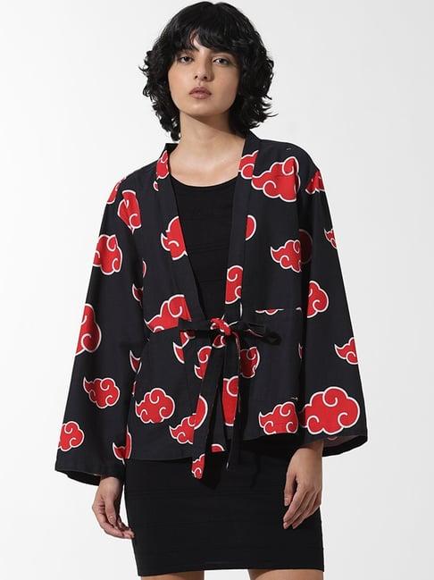 only black & red cotton printed kimono