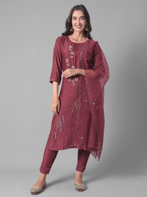 dollar missy maroon embroidered kurta with pants & dupatta