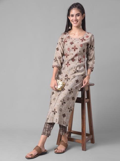 dollar missy brown floral print kurta with pants