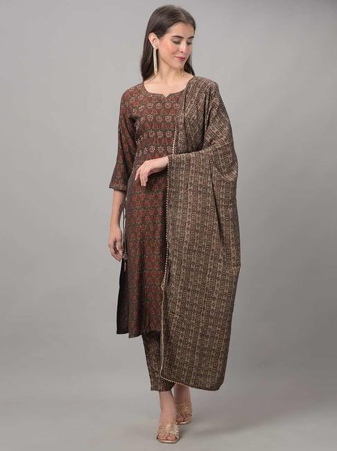 dollar missy brown embellished kurta with pants & dupatta