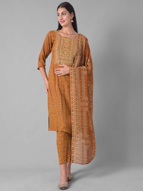 dollar missy mustard embellished kurta with pants & dupatta