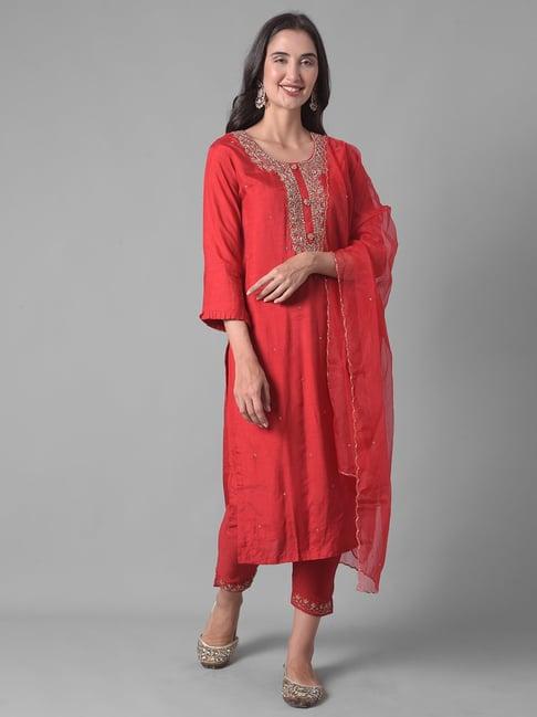 dollar missy red embellished kurta with pants & dupatta