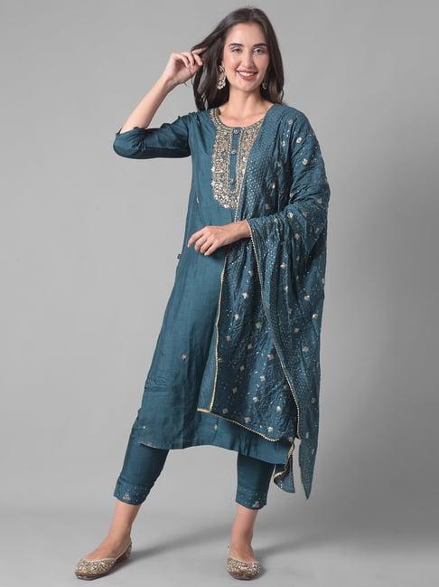 dollar missy blue embellished kurta with pants & dupatta