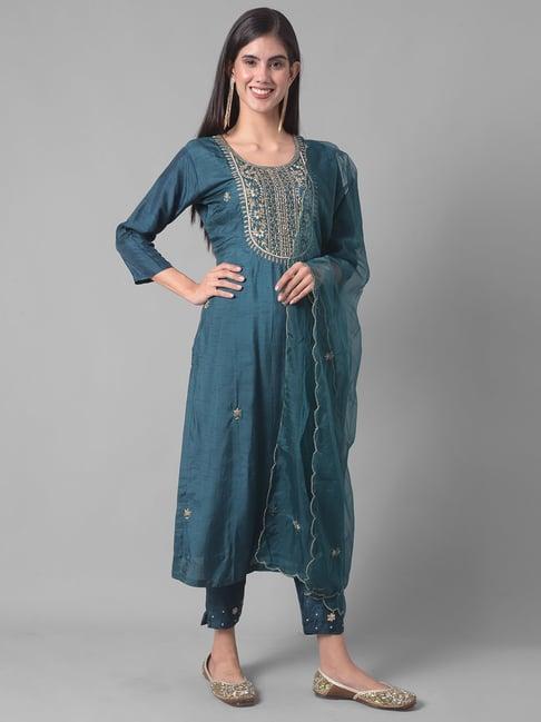 dollar missy blue embellished kurta with pants & dupatta