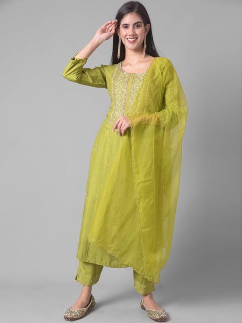 dollar missy green embellished kurta with pants & dupatta