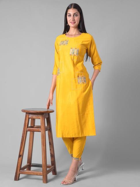 dollar missy mustard embroidered kurta with pants