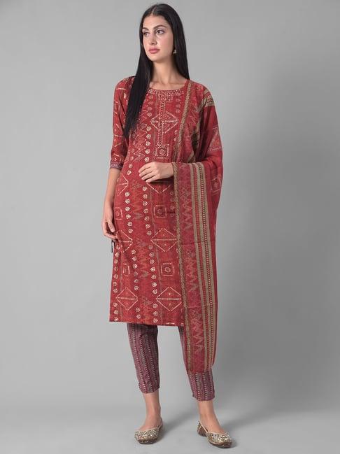 dollar missy red printed kurta with pants & dupatta