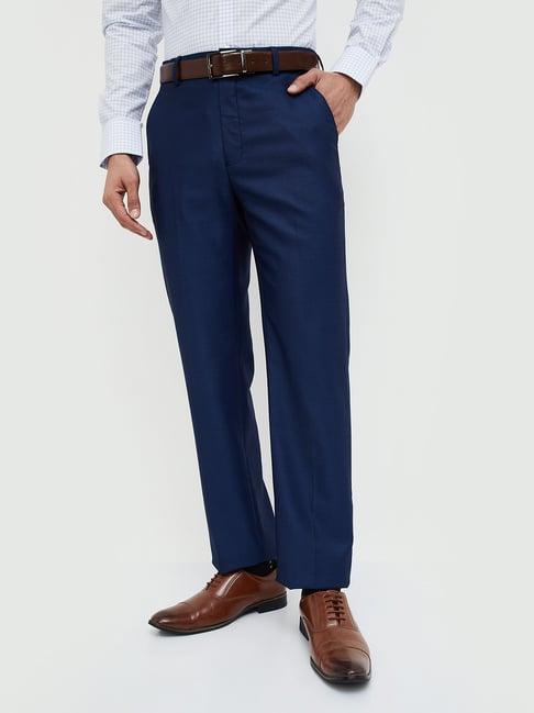 code by lifestyle navy regular fit textured flat front trousers