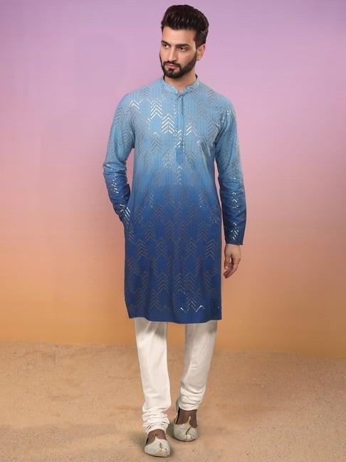 kisah blue regular fit embroidered kurta bottom set