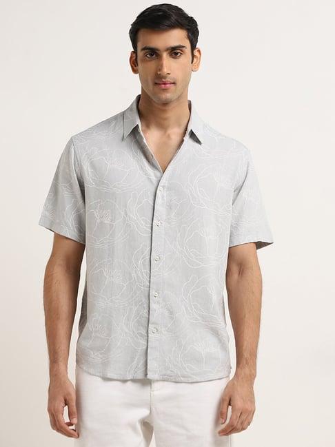 ascot by westside light grey floral relaxed-fit blended linen shirt