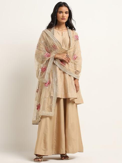 vark by westside beige a-line kurta, high-rise palazzos & dupatta set