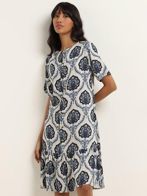 bombay paisley by westside indigo printed drop-waist dress