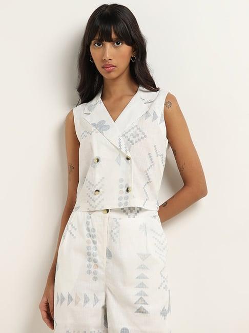 bombay paisley by westside off-white printed waistcoat-style cotton top