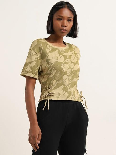 studiofit by westside light olive abstract cotton blend t-shirt