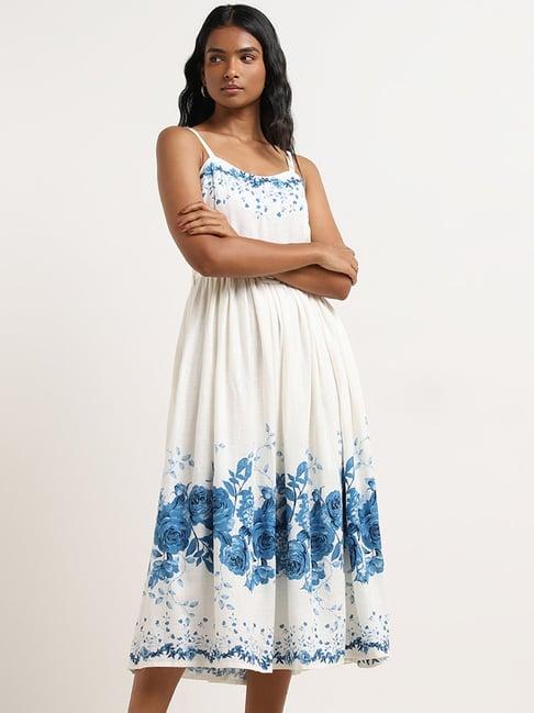 lov by westside white floral printed a-line blended linen dress