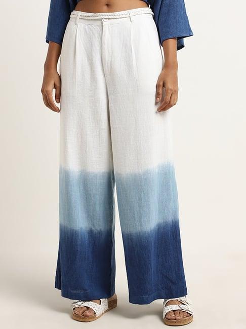 lov by westside white ombre flared mid-rise blended linen pants