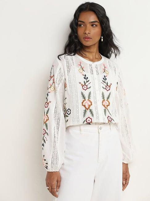 lov by westside white floral embroidered cotton top