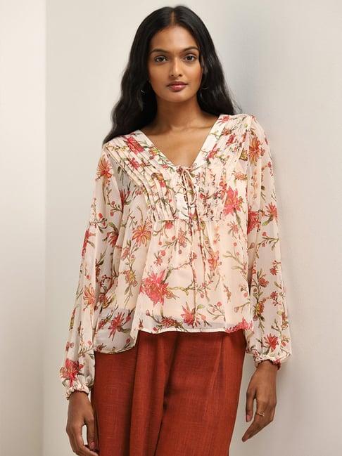 lov by westside light peach floral printed blouse with camisole