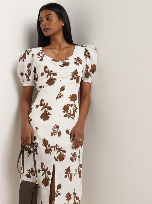 wardrobe by westside ivory floral printed straight dress