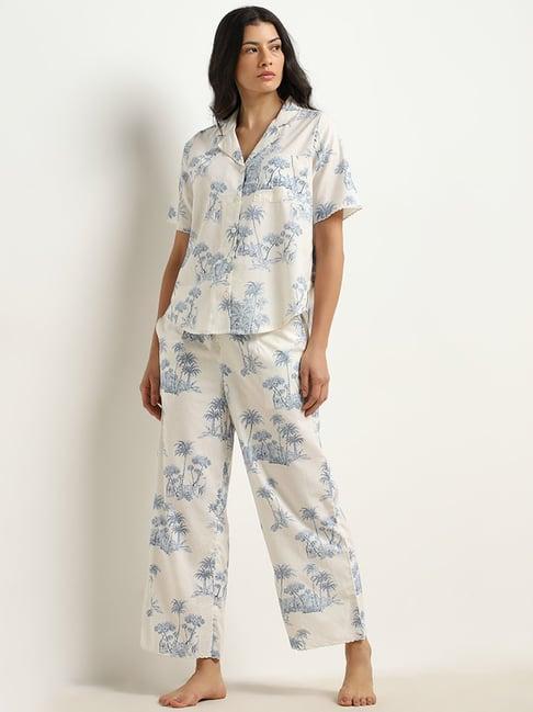 wunderlove by westside blue cotton shirt & high-rise pyjamas set