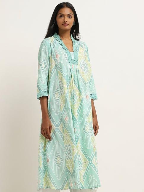 utsa by westside turquoise ikat design a-line cotton kurta