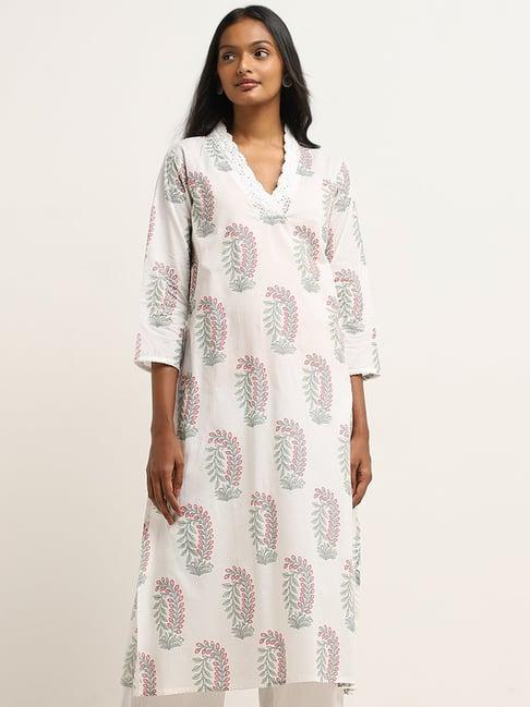 utsa by westside white foliage printed a-line cotton kurta