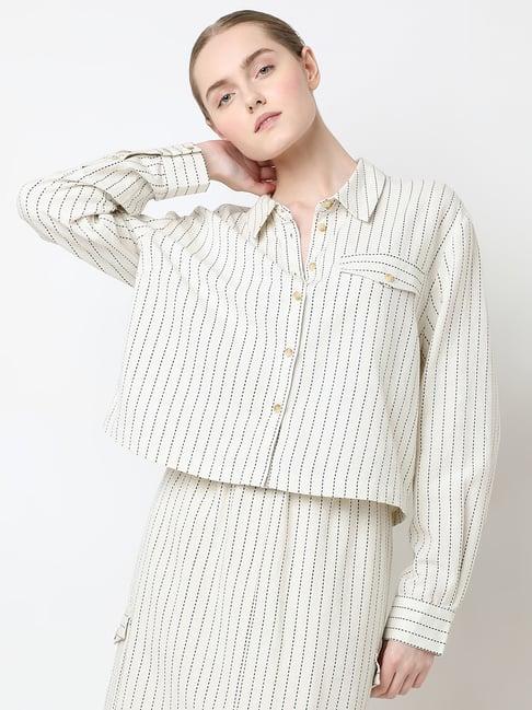 vero moda beige & black cotton striped shirt