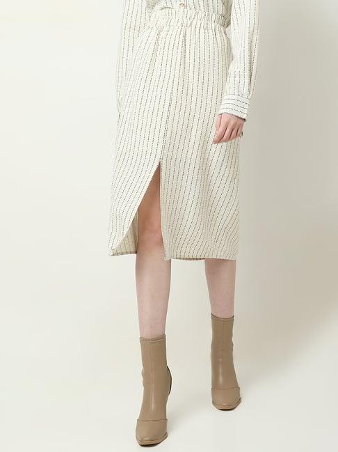 vero moda beige & black cotton striped midi skirt