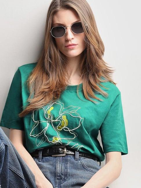 vero moda green cotton embroidered t-shirt