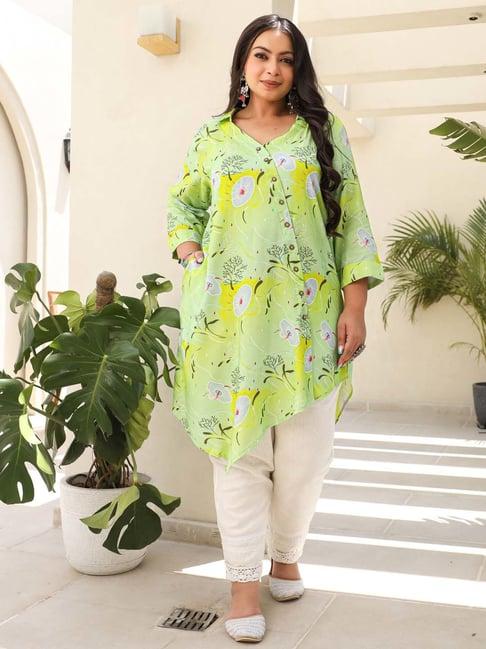 juniper lime green floral print high low kurti