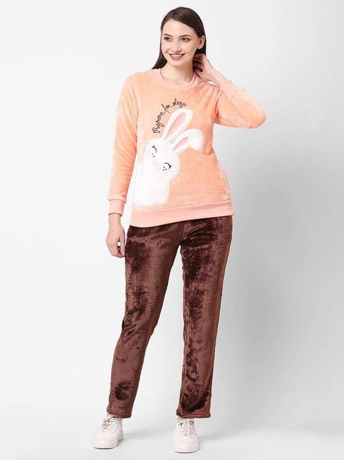 sweet dreams peach & brown self pattern sweatshirt pyjamas set