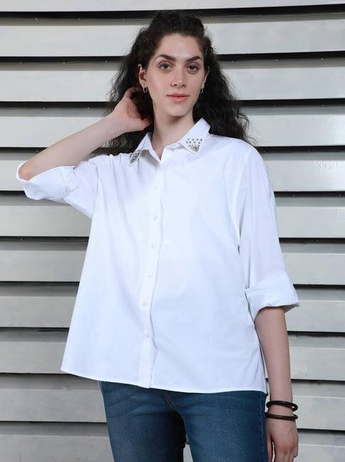 high star white cotton embellished oversized shirt