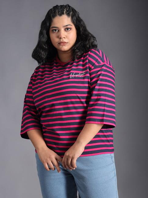 high star pink & navy cotton stripes oversized t-shirt