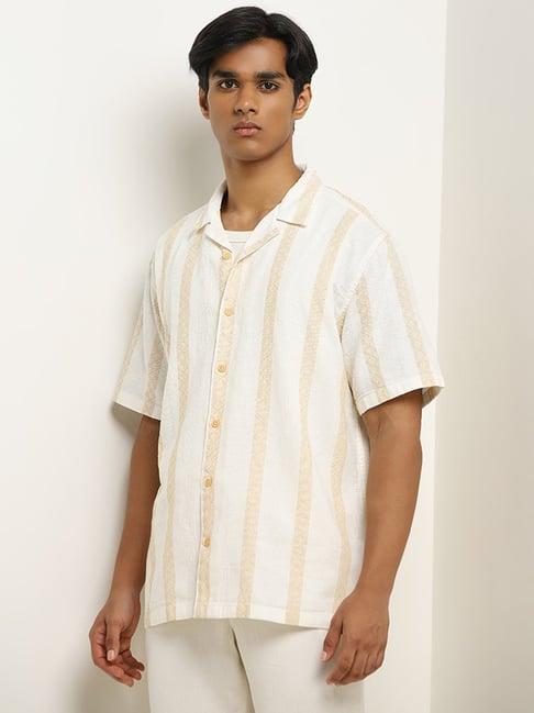 eta by westside light yellow striped knitted relaxed-fit cotton shirt