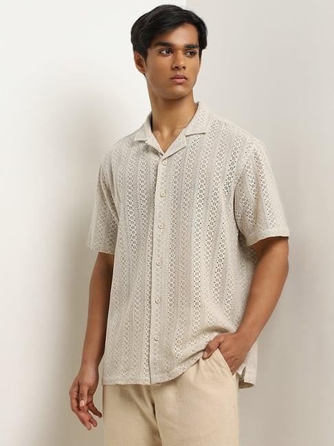 eta by westside light taupe crochet design relaxed-fit cotton shirt