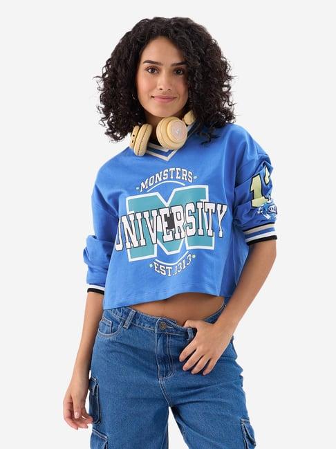 the souled store blue & white graphic print oversized crop t-shirt