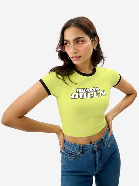 the souled store lime green graphic print crop top