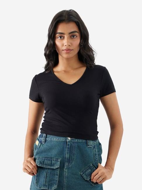 the souled store black regular fit crop top